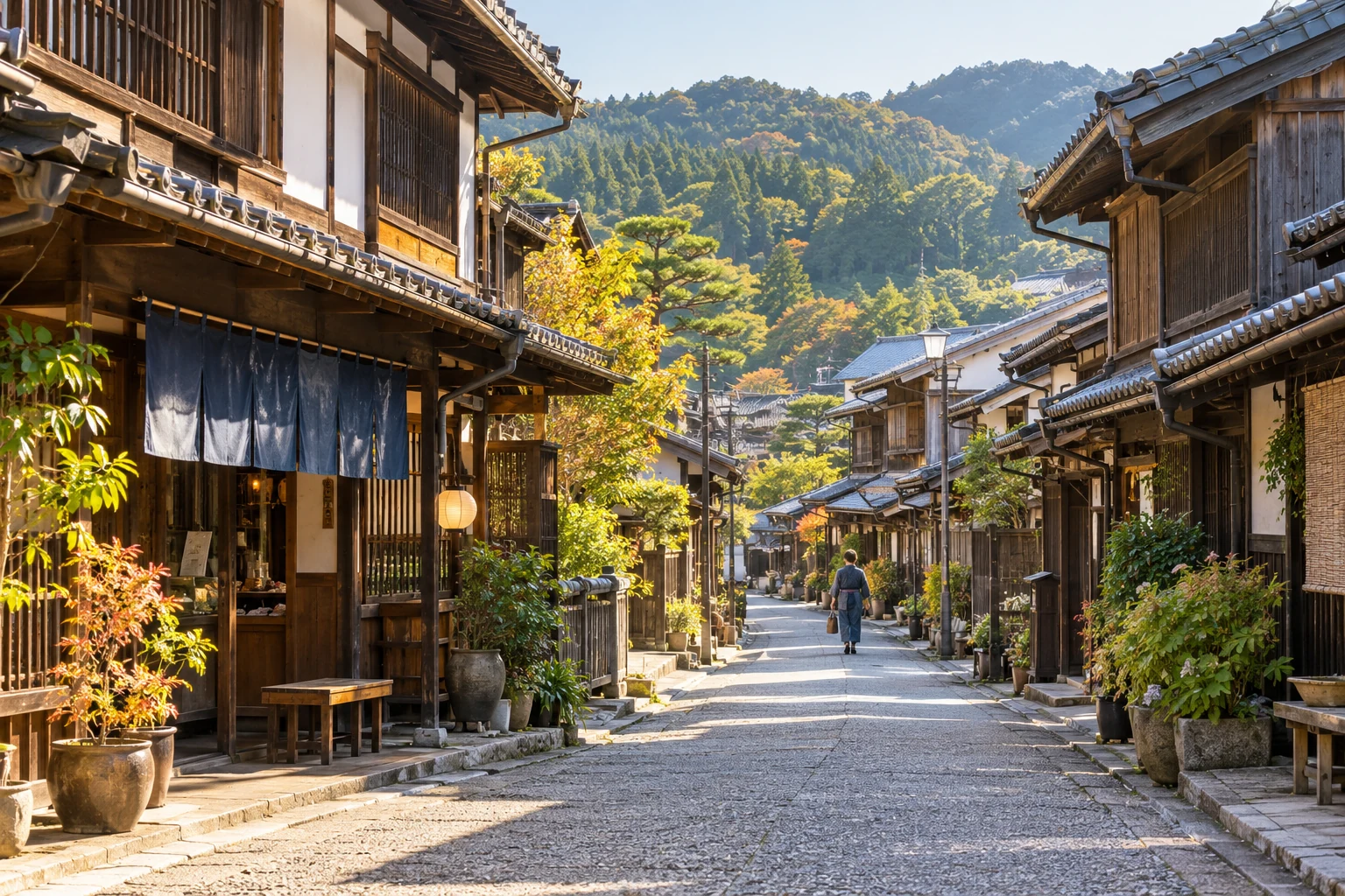 山々を背景に、木造の家並みと小さな店が続く日本の町並み
